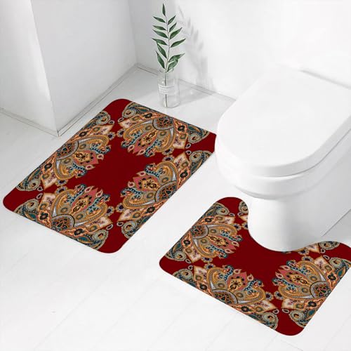 FEHWI Badematten Set 2-teilig, Badematten und WC Vorleger rutschfest & Waschbar,Kastanienbraun, orientalisches traditionelles Paisley-Muster, Mandala-inspiri,Luxus Dicke Mikrofaser Badezimmerteppich von FEHWI