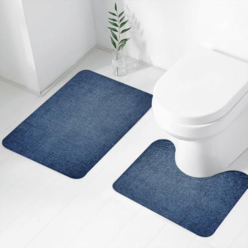 FEHWI Badematten Set 2-teilig, Badematten und WC Vorleger rutschfest & Waschbar,Klassische Denim-Textur mit charakteristischem blauem Stoff mit ikonischem FL,Luxus Dicke Mikrofaser Badezimmerteppich von FEHWI