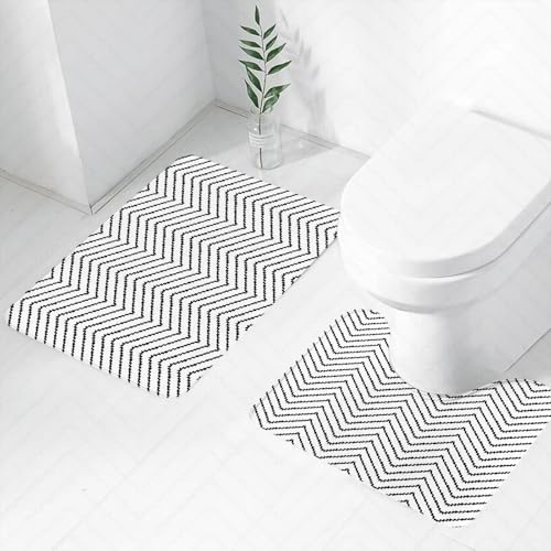 FEHWI Badematten Set 2-teilig, Badematten und WC Vorleger rutschfest & Waschbar,Klassisches schwarz-weißes Fischgrätenmuster, Sich wiederholendes Musterdesig,Luxus Dicke Mikrofaser Badezimmerteppich FEHWI Badematten Set 2-teilig, Badematten und WC Vorleger rutschfest & Waschbar,Klassisches schwarz-weißes Fischgrätenmuster, Sich wiederholendes Musterdesig,Luxus Dicke Mikrofaser Badezimmerteppich von FEHWI