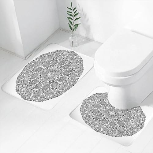 FEHWI Badematten Set 2-teilig, Badematten und WC Vorleger rutschfest & Waschbar,Komplexes schwarz-weißes Mandala-Design mit komplexer Dekoration und Symmetri,Luxus Dicke Mikrofaser Badezimmerteppich von FEHWI