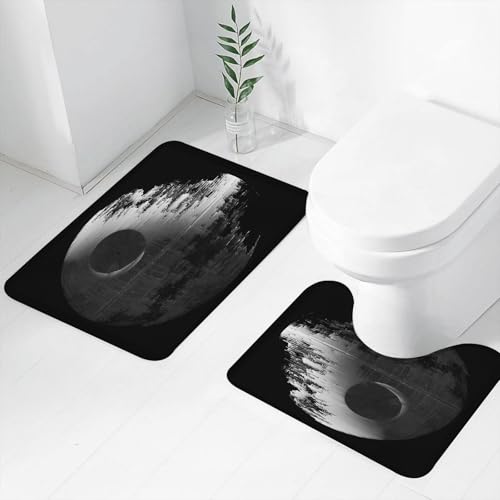 FEHWI Badematten Set 2-teilig, Badematten und WC Vorleger rutschfest & Waschbar,Krieg Todesstern Schwarz Grau,Luxus Dicke Mikrofaser Badezimmerteppich von FEHWI