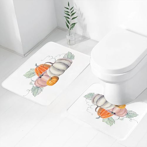 FEHWI Badematten Set 2-teilig, Badematten und WC Vorleger rutschfest & Waschbar,Kürbisse. Handgezeichnetes Aquarell auf weißem Hintergrund.,Luxus Dicke Mikrofaser Badezimmerteppich von FEHWI