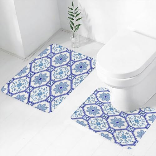 FEHWI Badematten Set 2-teilig, Badematten und WC Vorleger rutschfest & Waschbar,Kunst, Sich wiederholendes Muster aus sechseckigen Fliesen mit zarten blauen,Luxus Dicke Mikrofaser Badezimmerteppich FEHWI Badematten Set 2-teilig, Badematten und WC Vorleger rutschfest & Waschbar,Kunst, Sich wiederholendes Muster aus sechseckigen Fliesen mit zarten blauen,Luxus Dicke Mikrofaser Badezimmerteppich von FEHWI