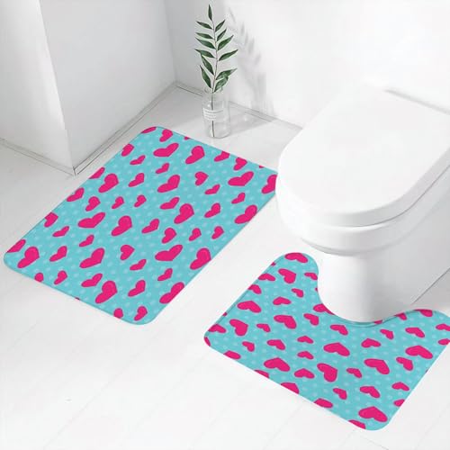 FEHWI Badematten Set 2-teilig, Badematten und WC Vorleger rutschfest & Waschbar,Kunst, Wiederholen Sie das Design von rosa Liebe auf blauem Punkthintergrund,Luxus Dicke Mikrofaser Badezimmerteppich von FEHWI