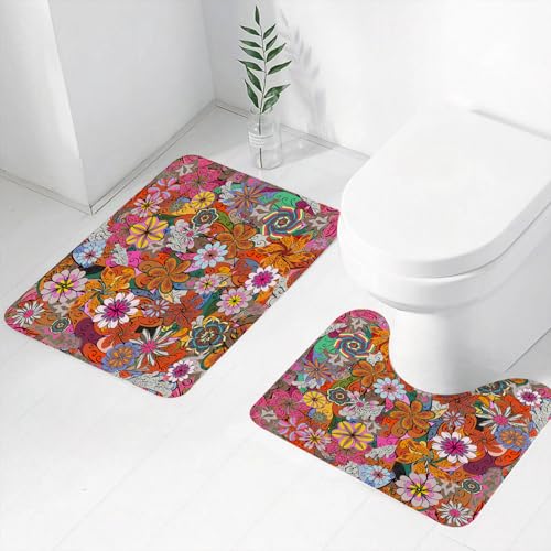 FEHWI Badematten Set 2-teilig, Badematten und WC Vorleger rutschfest & Waschbar,Kunst, eine Reihe bunter böhmischer Blumen mit komplexen Details,Luxus Dicke Mikrofaser Badezimmerteppich von FEHWI