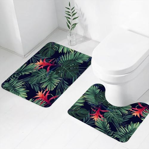 FEHWI Badematten Set 2-teilig, Badematten und WC Vorleger rutschfest & Waschbar,Kunst Textur botanischen Muster Hintergrund mit Palmblättern und roten Blumen,Luxus Dicke Mikrofaser Badezimmerteppich von FEHWI