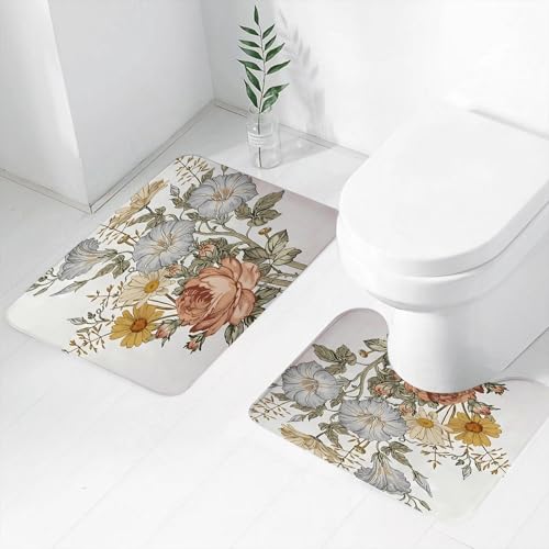 FEHWI Badematten Set 2-teilig, Badematten und WC Vorleger rutschfest & Waschbar,Kunst schöne Design Zeichnung Blumen Blume,Luxus Dicke Mikrofaser Badezimmerteppich von FEHWI