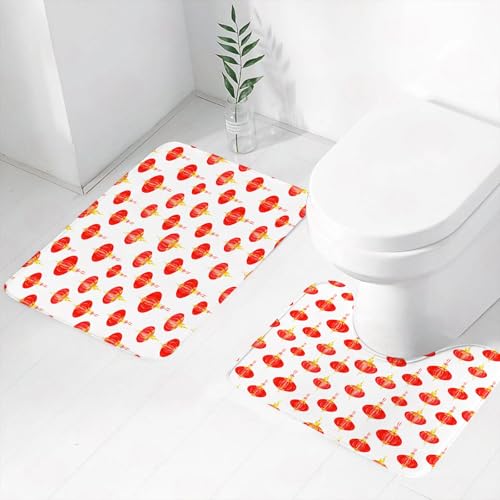 FEHWI Badematten Set 2-teilig, Badematten und WC Vorleger rutschfest & Waschbar,Kunstdekoration, rote Laterne wiederholt auf weißem Hintergrund,Luxus Dicke Mikrofaser Badezimmerteppich von FEHWI