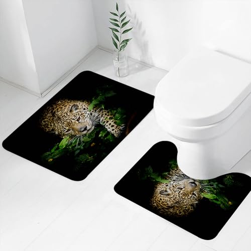 FEHWI Badematten Set 2-teilig, Badematten und WC Vorleger rutschfest & Waschbar,Leopard Wildtier Safari 3D Leopard im Wald Grünes Blatt Blume Lebendiger 3D-D,Luxus Dicke Mikrofaser Badezimmerteppich von FEHWI