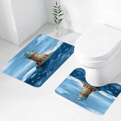 FEHWI Badematten Set 2-teilig, Badematten und WC Vorleger rutschfest & Waschbar,Leuchtturm Möwen Vögel Architektur Maritimes Riff Fische Unterwasser,Luxus Dicke Mikrofaser Badezimmerteppich von FEHWI