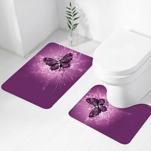 FEHWI Badematten Set 2-teilig, Badematten und WC Vorleger rutschfest & Waschbar,Lila Schmetterling mit glänzenden Mustern und Wassertropfen auf lila Hintergr,Luxus Dicke Mikrofaser Badezimmerteppich FEHWI Badematten Set 2-teilig, Badematten und WC Vorleger rutschfest & Waschbar,Lila Schmetterling mit glänzenden Mustern und Wassertropfen auf lila Hintergr,Luxus Dicke Mikrofaser Badezimmerteppich von FEHWI