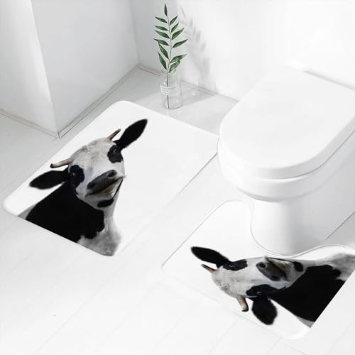 FEHWI Badematten Set 2-teilig, Badematten und WC Vorleger rutschfest & Waschbar,Lustige Kuh isoliert auf weißem Hintergrund,Luxus Dicke Mikrofaser Badezimmerteppich von FEHWI