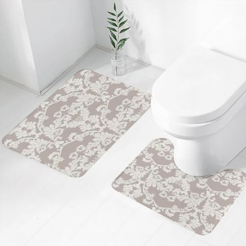 FEHWI Badematten Set 2-teilig, Badematten und WC Vorleger rutschfest & Waschbar,Luxuriöse Klassische Ornamentstruktur im viktorianischen Stil für Tapeten, Te,Luxus Dicke Mikrofaser Badezimmerteppich von FEHWI