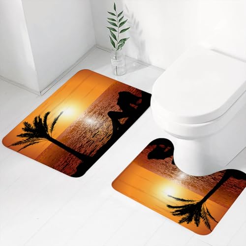 FEHWI Badematten Set 2-teilig, Badematten und WC Vorleger rutschfest & Waschbar,Mädchen, Silhouette Einer Dame und Palme am tropischen Strand bei Sonnenunter,Luxus Dicke Mikrofaser Badezimmerteppich FEHWI Badematten Set 2-teilig, Badematten und WC Vorleger rutschfest & Waschbar,Mädchen, Silhouette Einer Dame und Palme am tropischen Strand bei Sonnenunter,Luxus Dicke Mikrofaser Badezimmerteppich von FEHWI