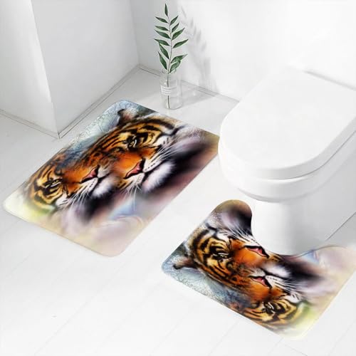 FEHWI Badematten Set 2-teilig, Badematten und WC Vorleger rutschfest & Waschbar,Majestätischer Tiger mit wunderschönen Doppelporträts, Tiger in der Kunst, wi,Luxus Dicke Mikrofaser Badezimmerteppich von FEHWI