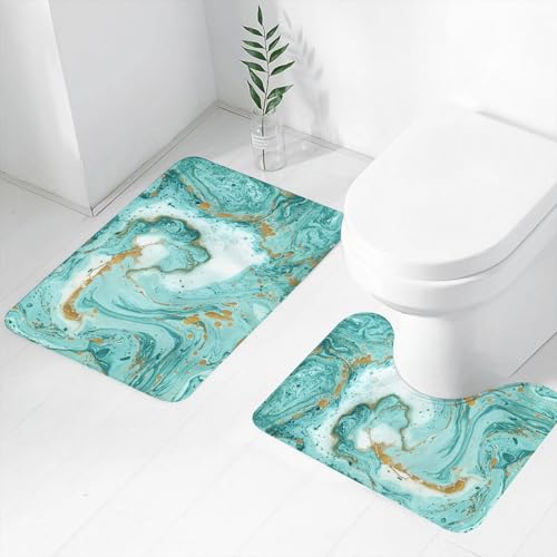 FEHWI Badematten Set 2-teilig, Badematten und WC Vorleger rutschfest & Waschbar,Marmor in Türkis und Gold auf weißem Papier,Luxus Dicke Mikrofaser Badezimmerteppich von FEHWI