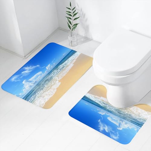 FEHWI Badematten Set 2-teilig, Badematten und WC Vorleger rutschfest & Waschbar,Meer, Wellen und Goldener Paradiesstrand mit Himmel, Sonne, endlosem Sommer,Luxus Dicke Mikrofaser Badezimmerteppich von FEHWI