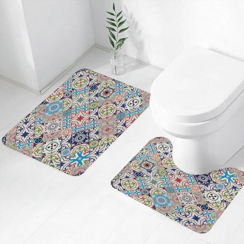 FEHWI Badematten Set 2-teilig, Badematten und WC Vorleger rutschfest & Waschbar,Mega schönes nahtloses Patchworkmuster aus farbenfrohen marokkanischen Fliese,Luxus Dicke Mikrofaser Badezimmerteppich FEHWI Badematten Set 2-teilig, Badematten und WC Vorleger rutschfest & Waschbar,Mega schönes nahtloses Patchworkmuster aus farbenfrohen marokkanischen Fliese,Luxus Dicke Mikrofaser Badezimmerteppich von FEHWI