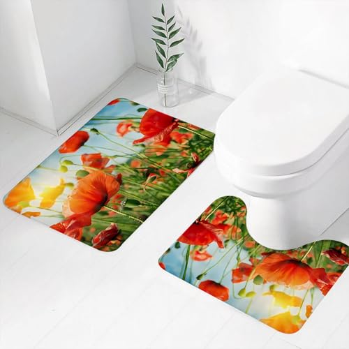 FEHWI Badematten Set 2-teilig, Badematten und WC Vorleger rutschfest & Waschbar,Mohnfeld-Fotografie Mohn blüht in der Sonne, Blumen - Themenaktionen und Natu,Luxus Dicke Mikrofaser Badezimmerteppich von FEHWI