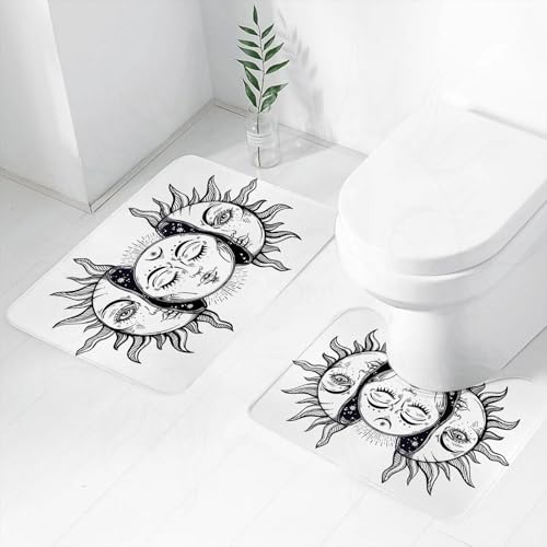 FEHWI Badematten Set 2-teilig, Badematten und WC Vorleger rutschfest & Waschbar,Mond, Monochrome Sonne und Mond orientalische Muster Bild Kultur,Luxus Dicke Mikrofaser Badezimmerteppich von FEHWI