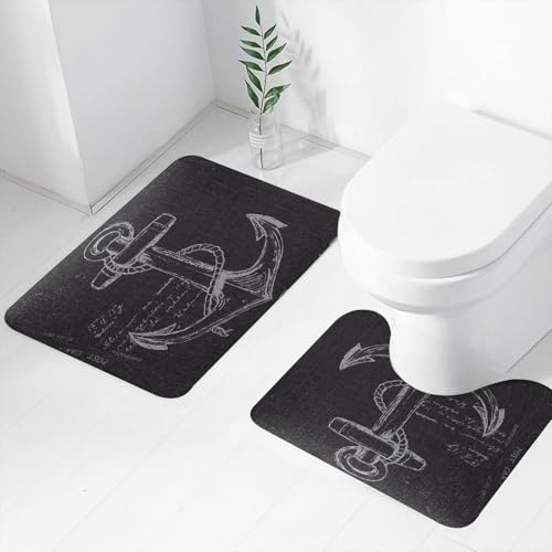 FEHWI Badematten Set 2-teilig, Badematten und WC Vorleger rutschfest & Waschbar,Monochromatische Schiffsankerillustration mit Seil, Anker. Handgezeichnete Sk,Luxus Dicke Mikrofaser Badezimmerteppich von FEHWI