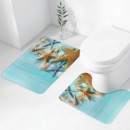 FEHWI Badematten Set 2-teilig, Badematten und WC Vorleger rutschfest & Waschbar,Muschel Seestern Muschel Muschel Türkis Holzbrett Frisches Ozean Design,Luxus Dicke Mikrofaser Badezimmerteppich von FEHWI