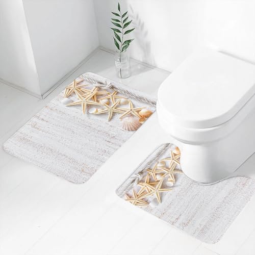 FEHWI Badematten Set 2-teilig, Badematten und WC Vorleger rutschfest & Waschbar,Muscheln, Muscheln und Seesterne mit Marine Seil in vertikaler Richtung Holzo,Luxus Dicke Mikrofaser Badezimmerteppich FEHWI Badematten Set 2-teilig, Badematten und WC Vorleger rutschfest & Waschbar,Muscheln, Muscheln und Seesterne mit Marine Seil in vertikaler Richtung Holzo,Luxus Dicke Mikrofaser Badezimmerteppich von FEHWI