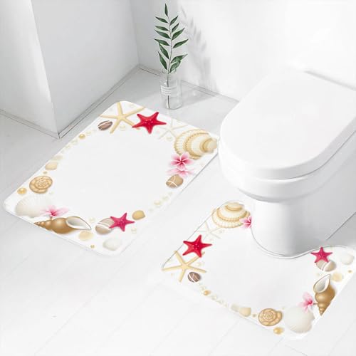 FEHWI Badematten Set 2-teilig, Badematten und WC Vorleger rutschfest & Waschbar,Muscheln, Seesterne und Blumenküsten, Strand mit Meereselementen und Blumen,Luxus Dicke Mikrofaser Badezimmerteppich von FEHWI