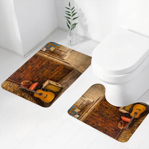FEHWI Badematten Set 2-teilig, Badematten und WC Vorleger rutschfest & Waschbar,Musikset, Musikinstrumente auf Holzbühne in Einer Getränkebar, Theke,Luxus Dicke Mikrofaser Badezimmerteppich von FEHWI