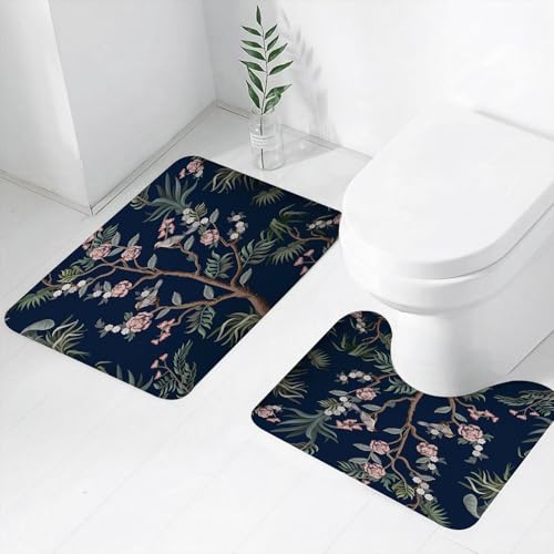 FEHWI Badematten Set 2-teilig, Badematten und WC Vorleger rutschfest & Waschbar,Muster mit Pfingstrosenbüschen und Blumen im Chinoiserie-Stil.,Luxus Dicke Mikrofaser Badezimmerteppich von FEHWI