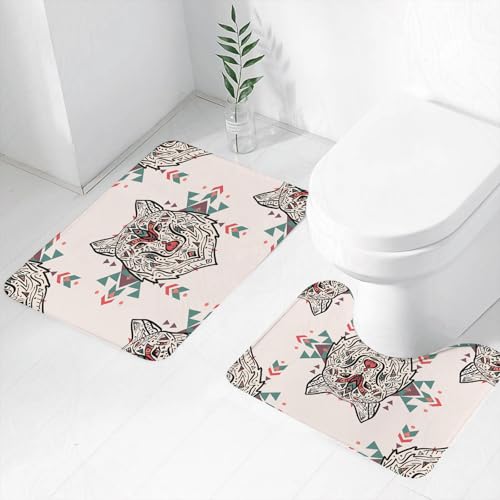FEHWI Badematten Set 2-teilig, Badematten und WC Vorleger rutschfest & Waschbar,Muster mit Wolf im Stammesstil mit ethnischen Ornamenten. Indianische Motive.,Luxus Dicke Mikrofaser Badezimmerteppich FEHWI Badematten Set 2-teilig, Badematten und WC Vorleger rutschfest & Waschbar,Muster mit Wolf im Stammesstil mit ethnischen Ornamenten. Indianische Motive.,Luxus Dicke Mikrofaser Badezimmerteppich von FEHWI