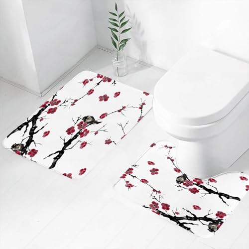 FEHWI Badematten Set 2-teilig, Badematten und WC Vorleger rutschfest & Waschbar,Nahtloses Blumenmuster. Blühende Kirsche mit Vögeln auf Zweigen. Aquarellmale,Luxus Dicke Mikrofaser Badezimmerteppich von FEHWI