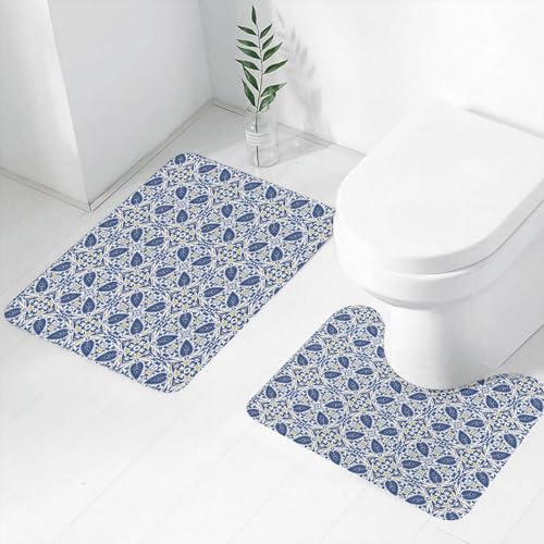 FEHWI Badematten Set 2-teilig, Badematten und WC Vorleger rutschfest & Waschbar,Nahtloses Muster in Blau und Orange – wie portugiesische Kacheln,Luxus Dicke Mikrofaser Badezimmerteppich FEHWI Badematten Set 2-teilig, Badematten und WC Vorleger rutschfest & Waschbar,Nahtloses Muster in Blau und Orange – wie portugiesische Kacheln,Luxus Dicke Mikrofaser Badezimmerteppich von FEHWI