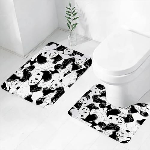 FEHWI Badematten Set 2-teilig, Badematten und WC Vorleger rutschfest & Waschbar,Nahtloses Muster mit einem Cartoon junger Pandas, die sehr nah beieinander st,Luxus Dicke Mikrofaser Badezimmerteppich von FEHWI
