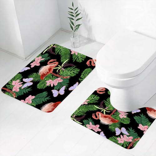 FEHWI Badematten Set 2-teilig, Badematten und WC Vorleger rutschfest & Waschbar,Nahtloses Vektormuster mit rosa Flamingo-Tropenblättern, Orchideen und Schmet,Luxus Dicke Mikrofaser Badezimmerteppich FEHWI Badematten Set 2-teilig, Badematten und WC Vorleger rutschfest & Waschbar,Nahtloses Vektormuster mit rosa Flamingo-Tropenblättern, Orchideen und Schmet,Luxus Dicke Mikrofaser Badezimmerteppich von FEHWI