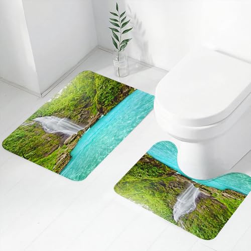 FEHWI Badematten Set 2-teilig, Badematten und WC Vorleger rutschfest & Waschbar,Natürliche Wasserfalllandschaft, fallendes Wasser aus Pflanzen t,Luxus Dicke Mikrofaser Badezimmerteppich von FEHWI