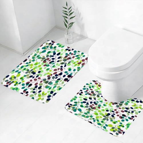 FEHWI Badematten Set 2-teilig, Badematten und WC Vorleger rutschfest & Waschbar,Natur, Muster aus gemischten Blättern in verschiedenen Farbtönen Frühling Som,Luxus Dicke Mikrofaser Badezimmerteppich von FEHWI