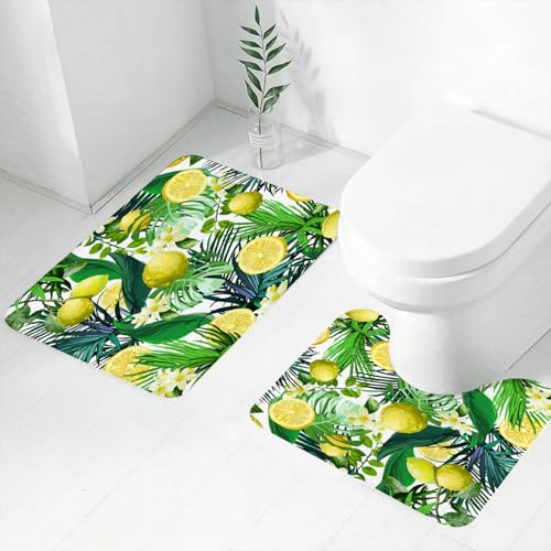 FEHWI Badematten Set 2-teilig, Badematten und WC Vorleger rutschfest & Waschbar,Natur, Tropische Pflanzen mit großen immergrünen Blättern Zitrone Botanik Pal,Luxus Dicke Mikrofaser Badezimmerteppich von FEHWI