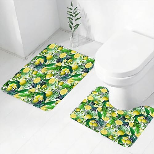 FEHWI Badematten Set 2-teilig, Badematten und WC Vorleger rutschfest & Waschbar,Natur, Tropische Pflanzen mit großen immergrünen Blättern Zitrone Botanik Pal,Luxus Dicke Mikrofaser Badezimmerteppich von FEHWI