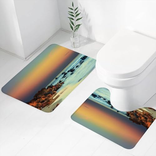 FEHWI Badematten Set 2-teilig, Badematten und WC Vorleger rutschfest & Waschbar,Natur, farbenfroher Sonnenuntergang über Meeressteinen im Vordergrund, Landsc,Luxus Dicke Mikrofaser Badezimmerteppich von FEHWI
