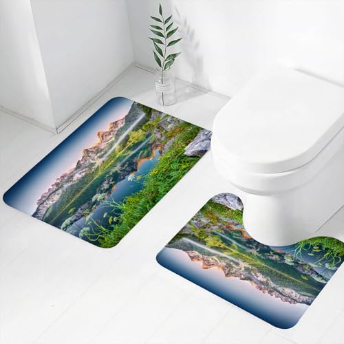 FEHWI Badematten Set 2-teilig, Badematten und WC Vorleger rutschfest & Waschbar,Natur, nebliger Sommermorgen auf den österreichischen Alpen mit See W,Luxus Dicke Mikrofaser Badezimmerteppich FEHWI Badematten Set 2-teilig, Badematten und WC Vorleger rutschfest & Waschbar,Natur, nebliger Sommermorgen auf den österreichischen Alpen mit See W,Luxus Dicke Mikrofaser Badezimmerteppich von FEHWI
