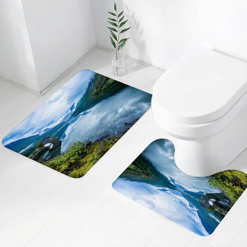 FEHWI Badematten Set 2-teilig, Badematten und WC Vorleger rutschfest & Waschbar,Natur- und Landschaftsfotografie mit Holzhütten, klarem Fluss und Bergen in N,Luxus Dicke Mikrofaser Badezimmerteppich FEHWI Badematten Set 2-teilig, Badematten und WC Vorleger rutschfest & Waschbar,Natur- und Landschaftsfotografie mit Holzhütten, klarem Fluss und Bergen in N,Luxus Dicke Mikrofaser Badezimmerteppich von FEHWI