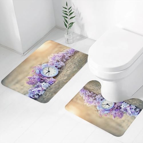 FEHWI Badematten Set 2-teilig, Badematten und WC Vorleger rutschfest & Waschbar,Naturbild, EIN exquisiter Wecker inmitten lila Blumen,Luxus Dicke Mikrofaser Badezimmerteppich von FEHWI