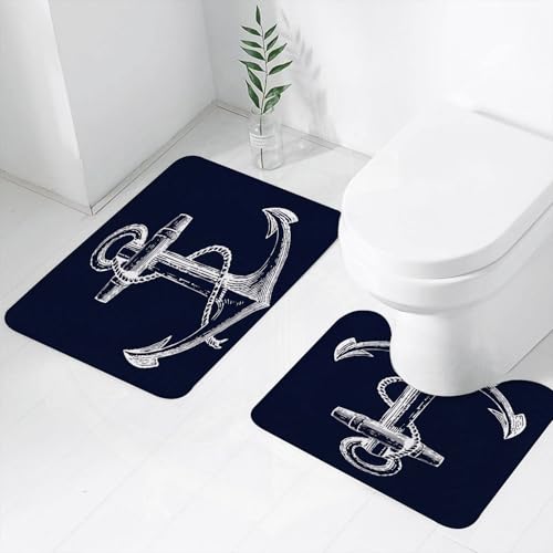 FEHWI Badematten Set 2-teilig, Badematten und WC Vorleger rutschfest & Waschbar,Nautische Logokunst, weißer Anker mit gedrehtem Seil auf schwarzem Marinehint,Luxus Dicke Mikrofaser Badezimmerteppich von FEHWI