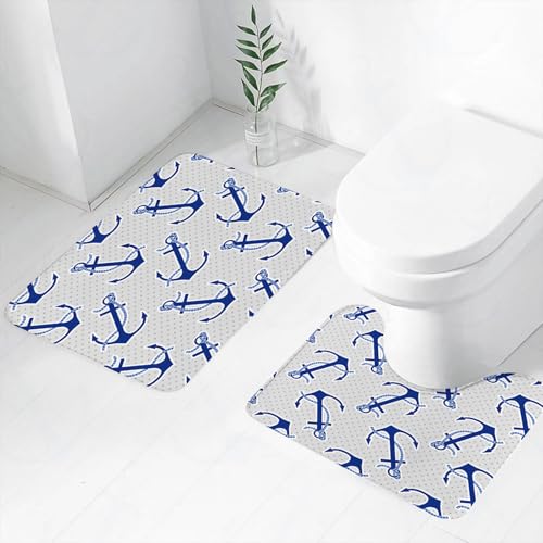 FEHWI Badematten Set 2-teilig, Badematten und WC Vorleger rutschfest & Waschbar,Nautisches Ankermuster, Sich wiederholendes Design aus blauen Ankern und Seil,Luxus Dicke Mikrofaser Badezimmerteppich von FEHWI