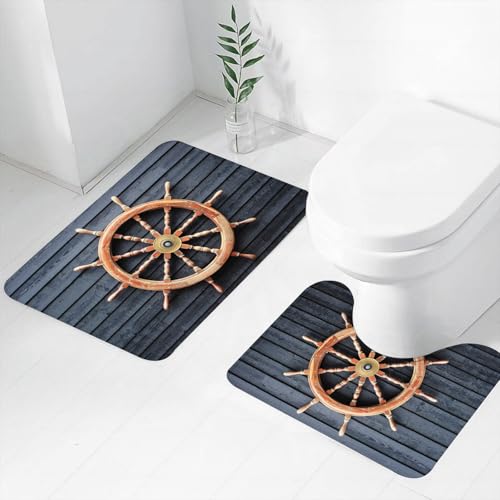 FEHWI Badematten Set 2-teilig, Badematten und WC Vorleger rutschfest & Waschbar,Nautisches Lenkrad, Räder eines alternden Schiffes auf einem dunkel gestreift,Luxus Dicke Mikrofaser Badezimmerteppich von FEHWI