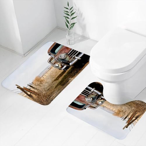 FEHWI Badematten Set 2-teilig, Badematten und WC Vorleger rutschfest & Waschbar,Oldtimer verlassen und verrosten im ländlichen Wyoming,Luxus Dicke Mikrofaser Badezimmerteppich von FEHWI