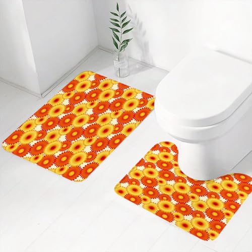 FEHWI Badematten Set 2-teilig, Badematten und WC Vorleger rutschfest & Waschbar,Orange, Gerbera Blumen Blütenblätter im grafischen Stil Leb,Luxus Dicke Mikrofaser Badezimmerteppich von FEHWI