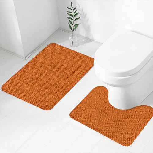 FEHWI Badematten Set 2-teilig, Badematten und WC Vorleger rutschfest & Waschbar,Orange Sackleinen-Textur - Textur aus braunem Sackleinen, Stoffmuster, Kunsth,Luxus Dicke Mikrofaser Badezimmerteppich von FEHWI