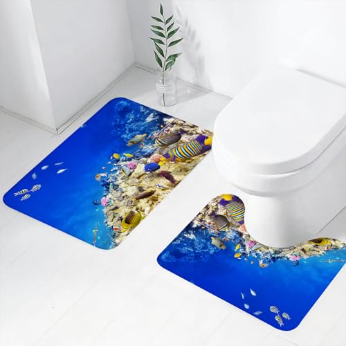 FEHWI Badematten Set 2-teilig, Badematten und WC Vorleger rutschfest & Waschbar,Ozean, Unterwasserwelt Wildnis Karibischer Ozean Urlaub in den Tropen Meeresl,Luxus Dicke Mikrofaser Badezimmerteppich von FEHWI